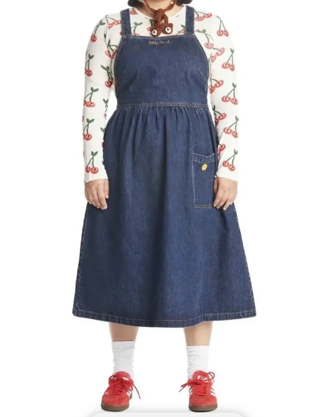 Teddy Fresh Dark Blue Denim Pinafore Midi Dress with Yellow Button